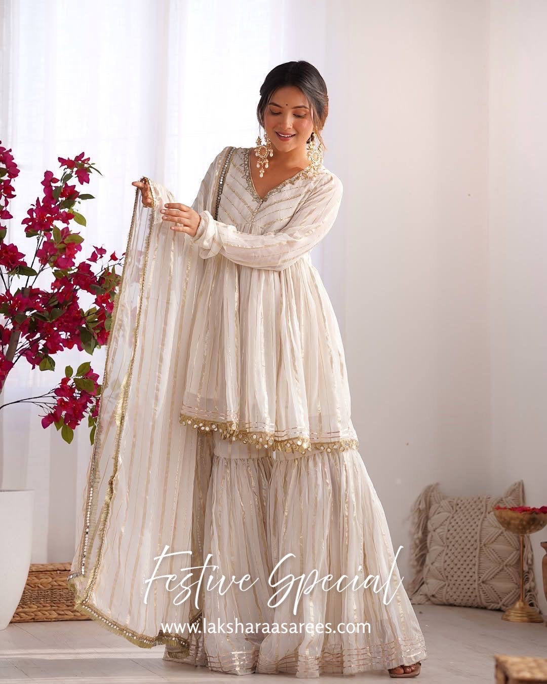 Chanderi Peplum Style White Sharara Suit