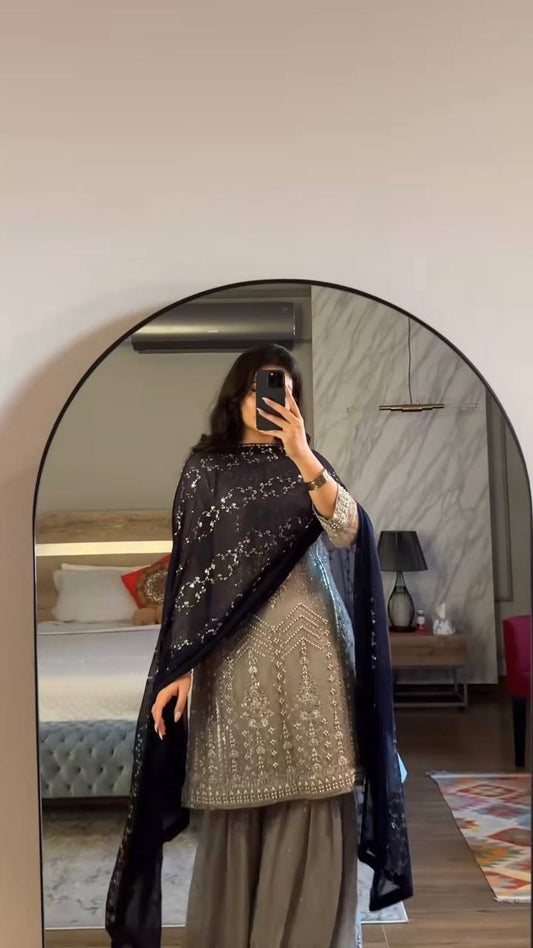 ARISHA — Grey x Blue Sharara Suit