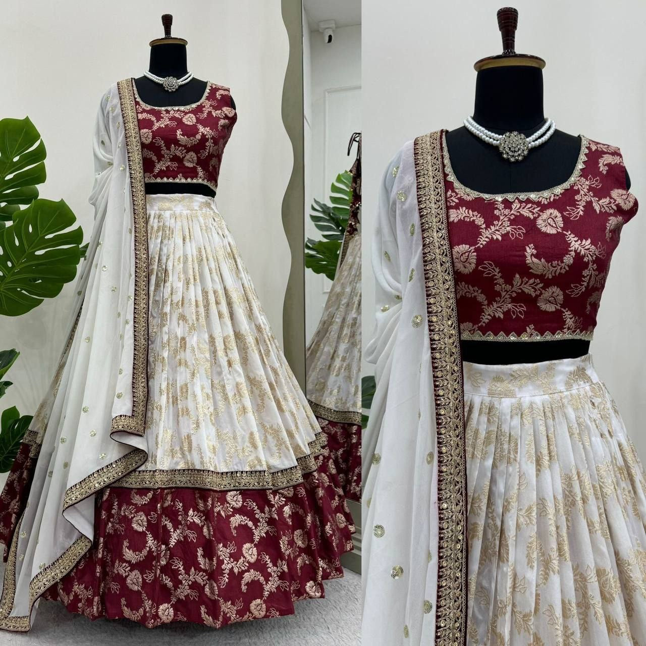 URMILA - Red x White Jacquard Silk Georgette Lehenga