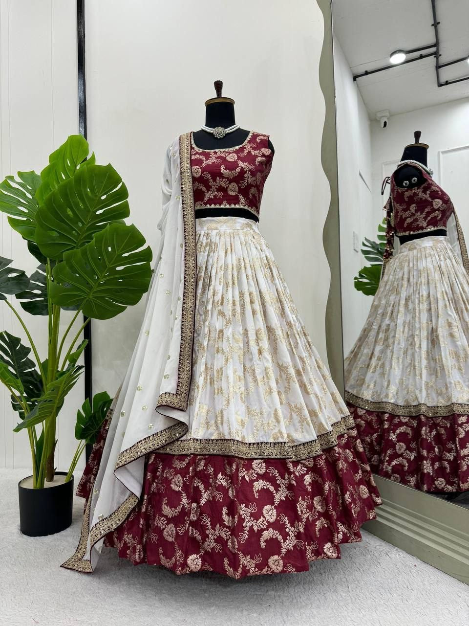 URMILA - Red x White Jacquard Silk Georgette Lehenga