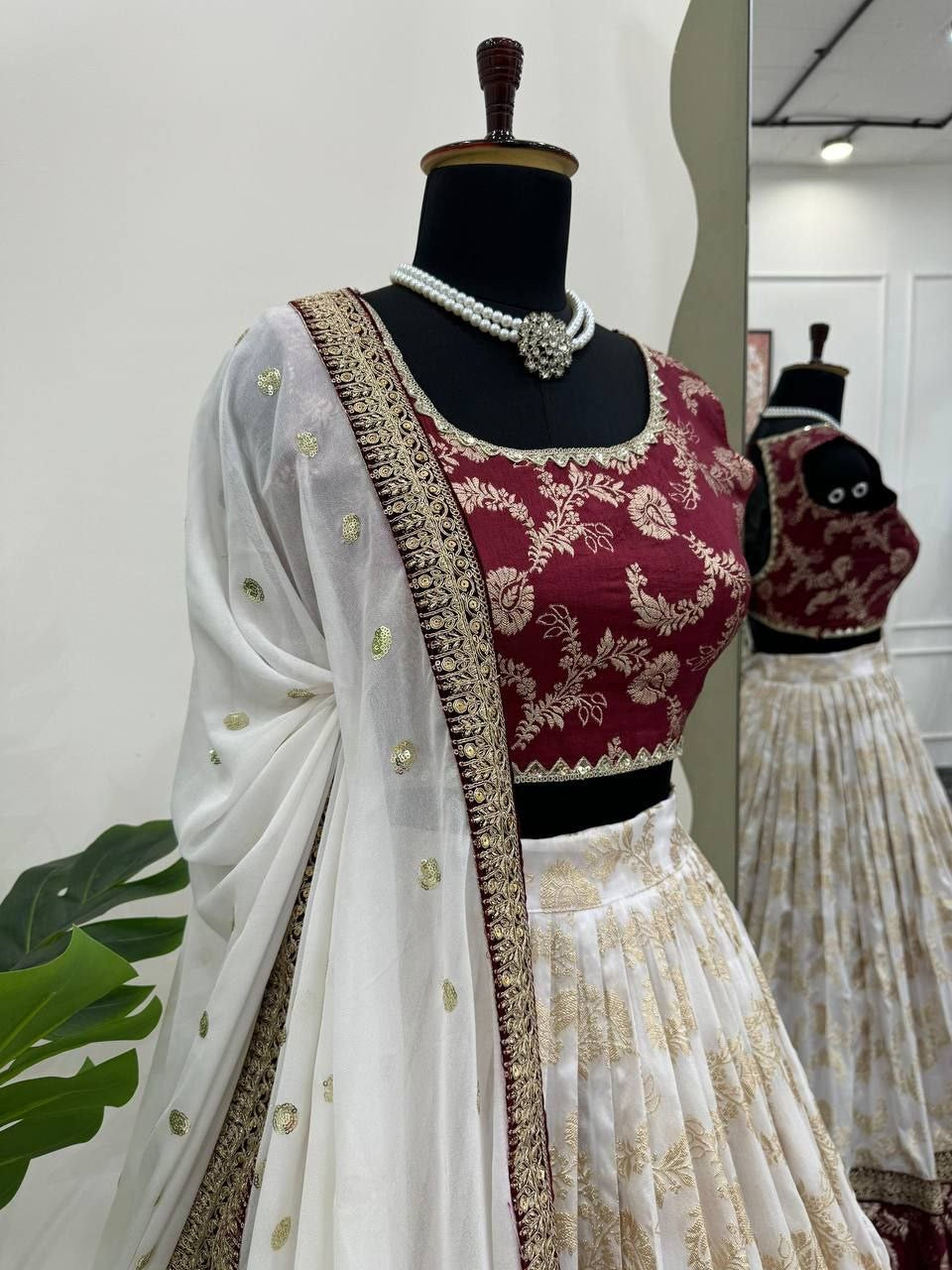 URMILA - Red x White Jacquard Silk Georgette Lehenga