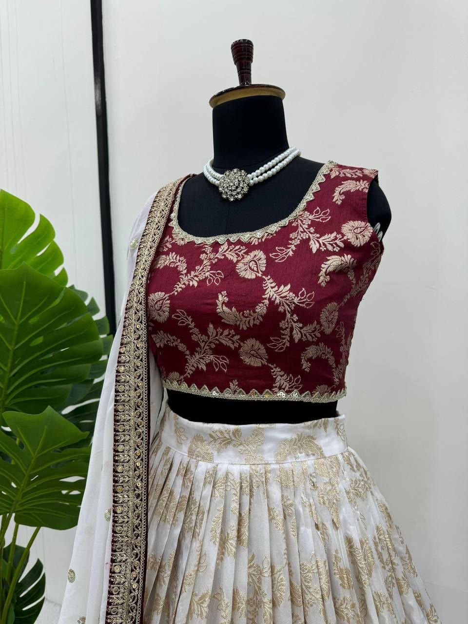 URMILA - Red x White Jacquard Silk Georgette Lehenga
