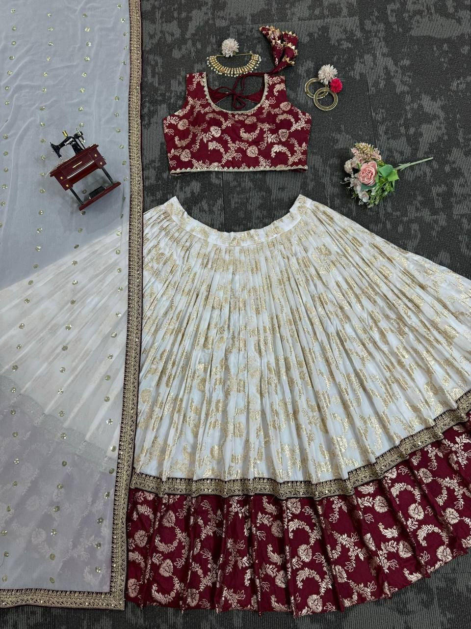 URMILA - Red x White Jacquard Silk Georgette Lehenga