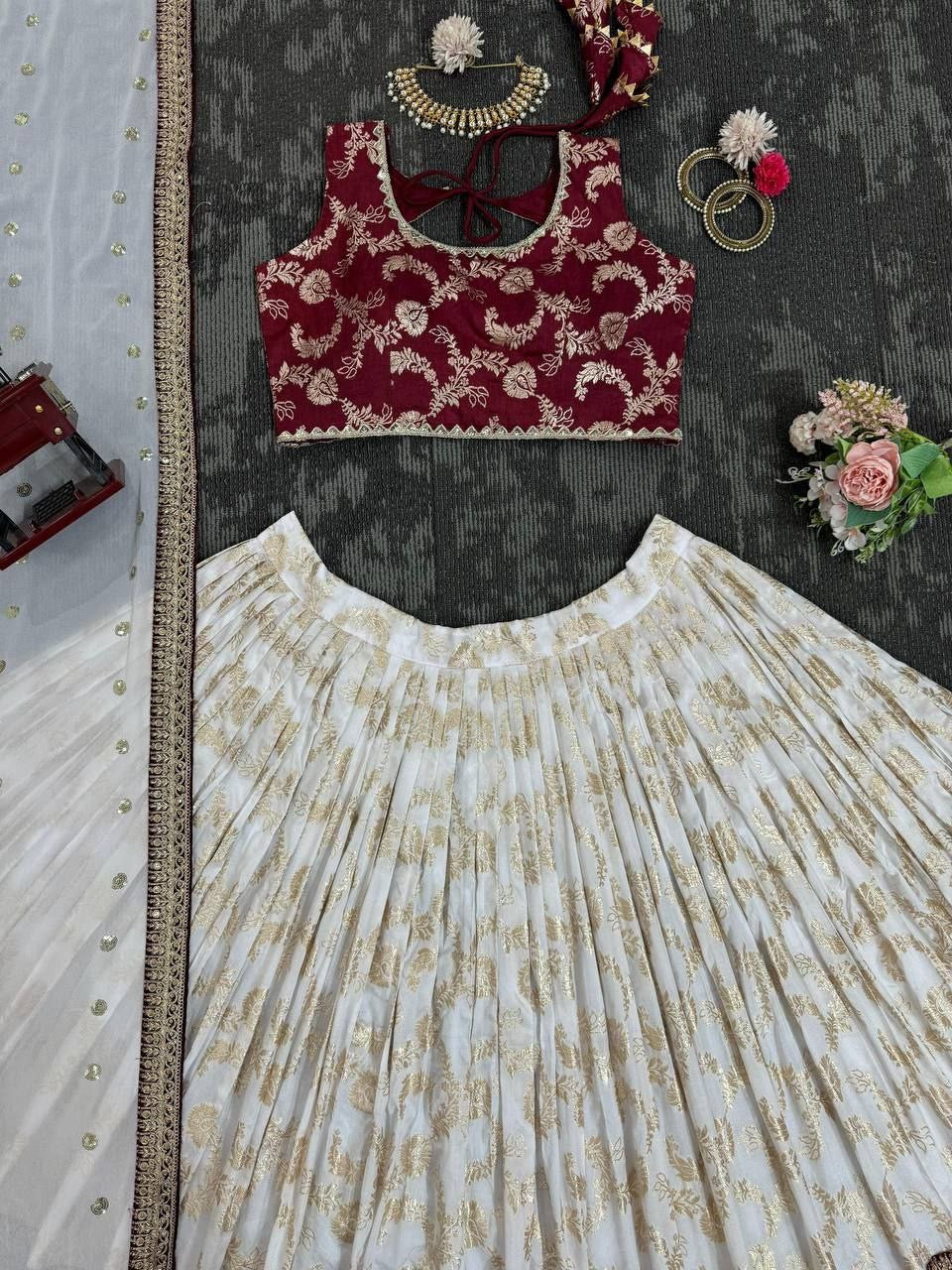 URMILA - Red x White Jacquard Silk Georgette Lehenga