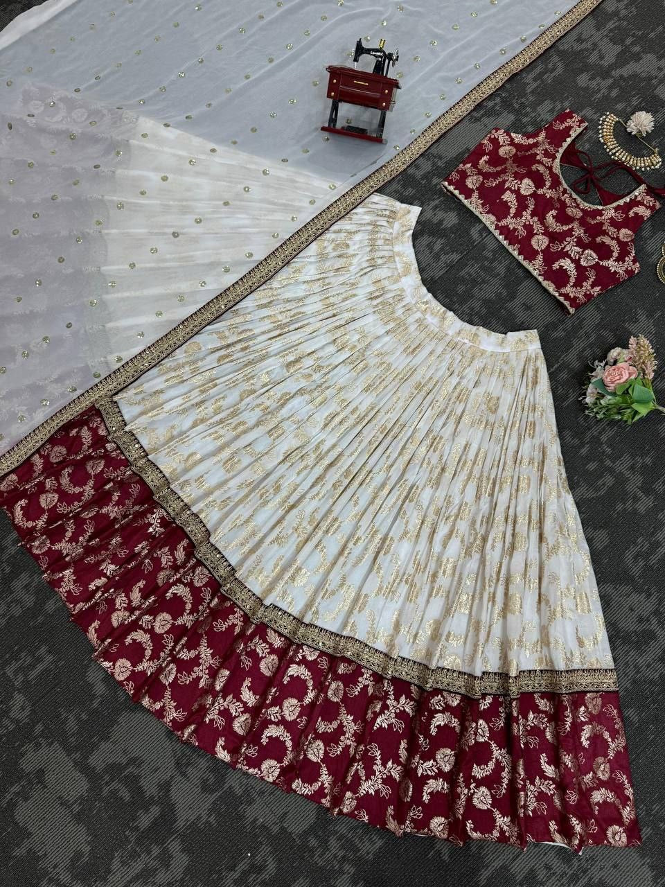 URMILA - Red x White Jacquard Silk Georgette Lehenga