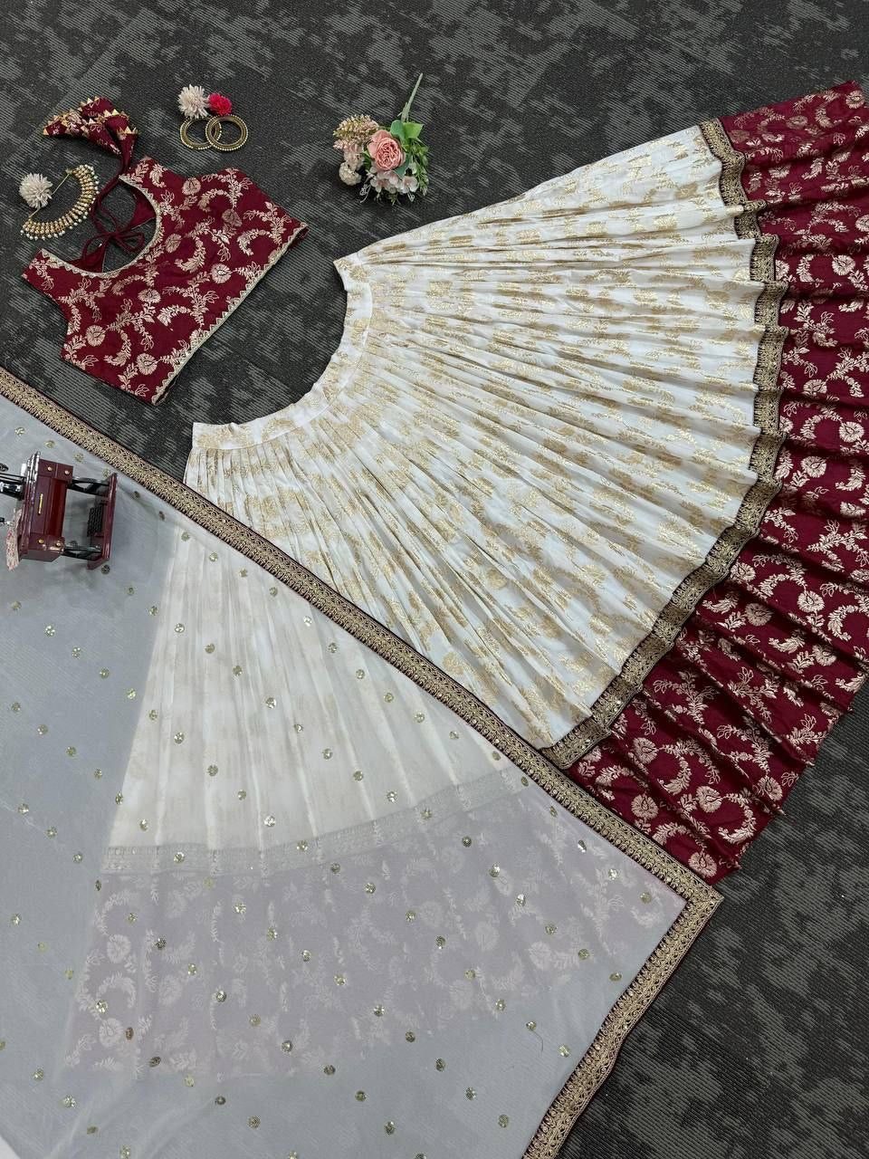 URMILA - Red x White Jacquard Silk Georgette Lehenga