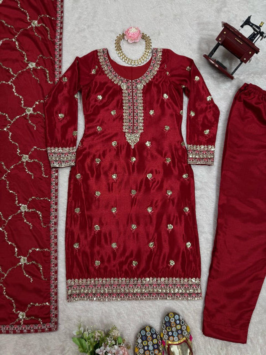 RADHMIKA — Red Chinon Silk Suit