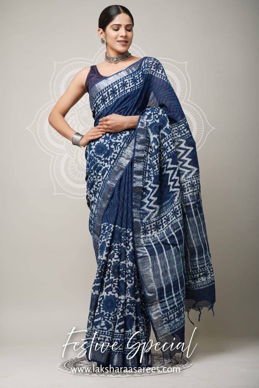 Comfy Linen Saree - Blue edition