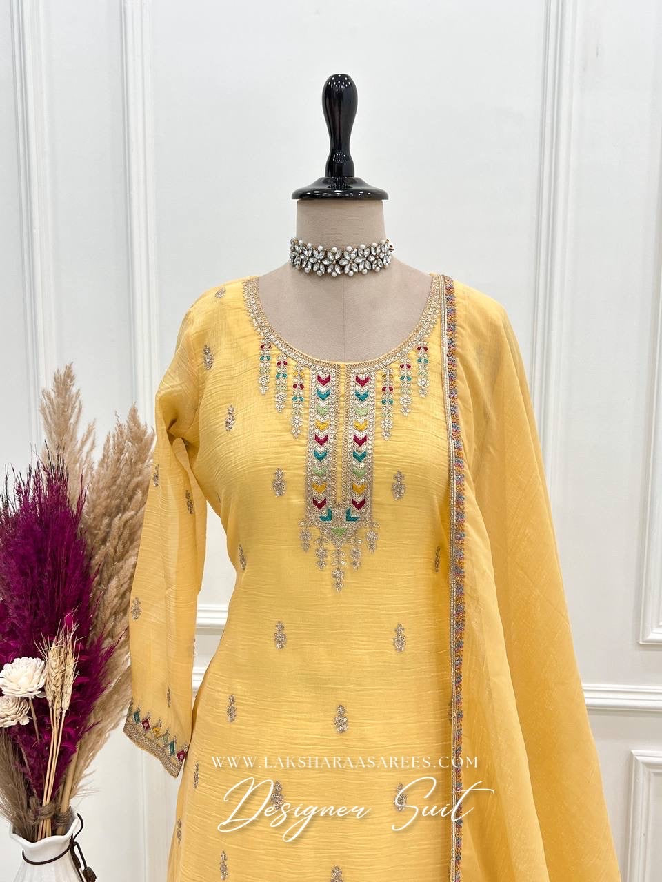 NARGIS - Pastel Yellow Crunch Silk Designer Suit - Laksharaa Sarees