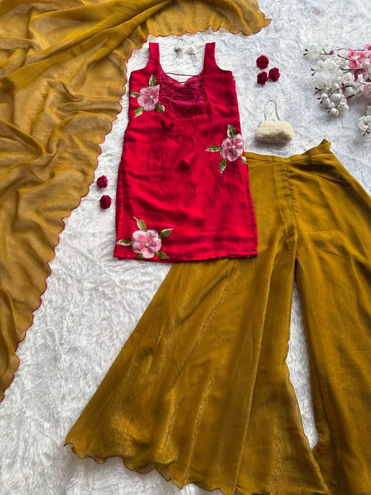 RUHI — Cute Red x Mustard Pallazo Suit