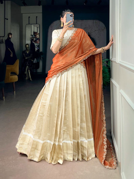 NIVITHA - Golden x Red Half Sarees Lehenga
