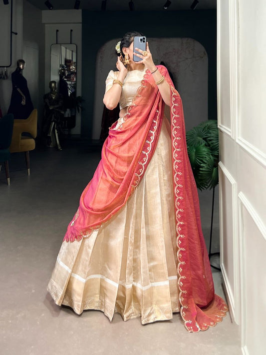NIVITHA - Golden x Red Half Sarees Lehenga