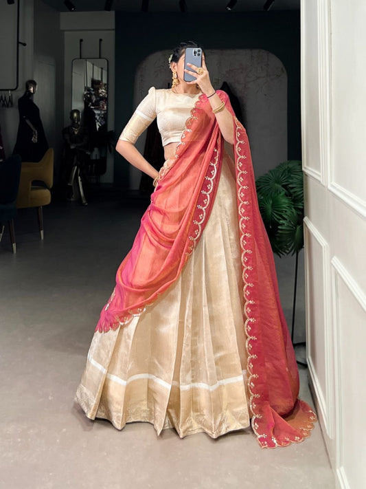 NIVITHA - Golden x Red Half Sarees Lehenga
