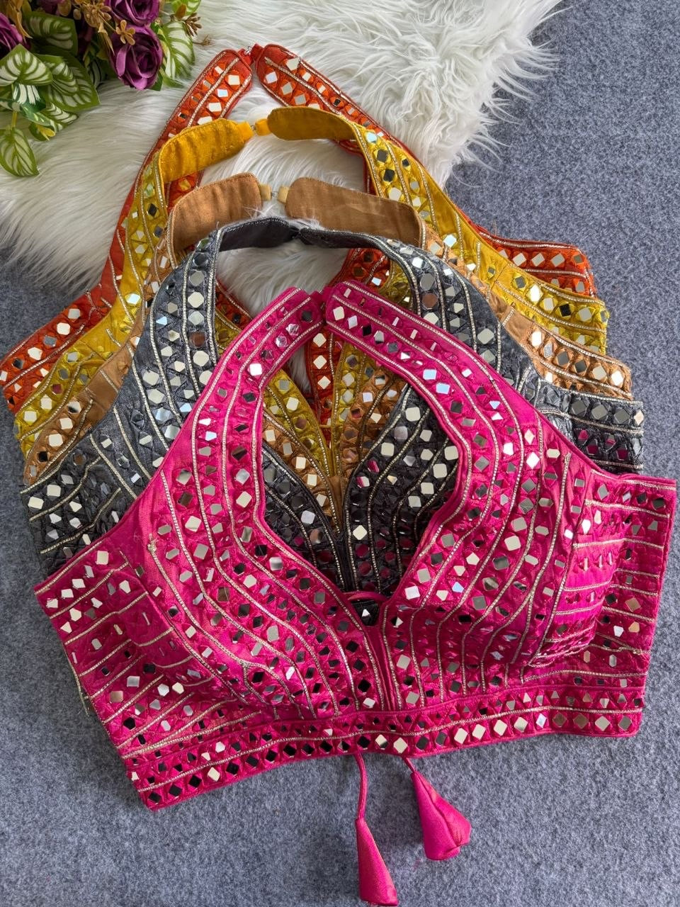 KAMI — Readymade Halter Top Blouse with Real Mirror Work