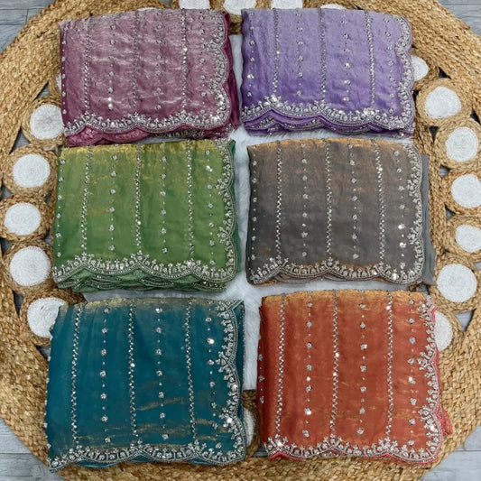 KISHAA β Shimmer Stone & Sequin Dinner Saree in Pastel Series