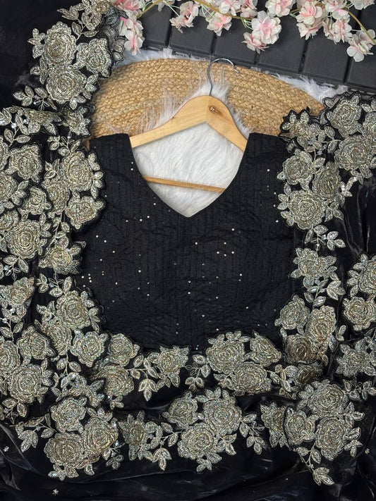 ROXY — Black Floral Dinner Saree x Readymade Blouse