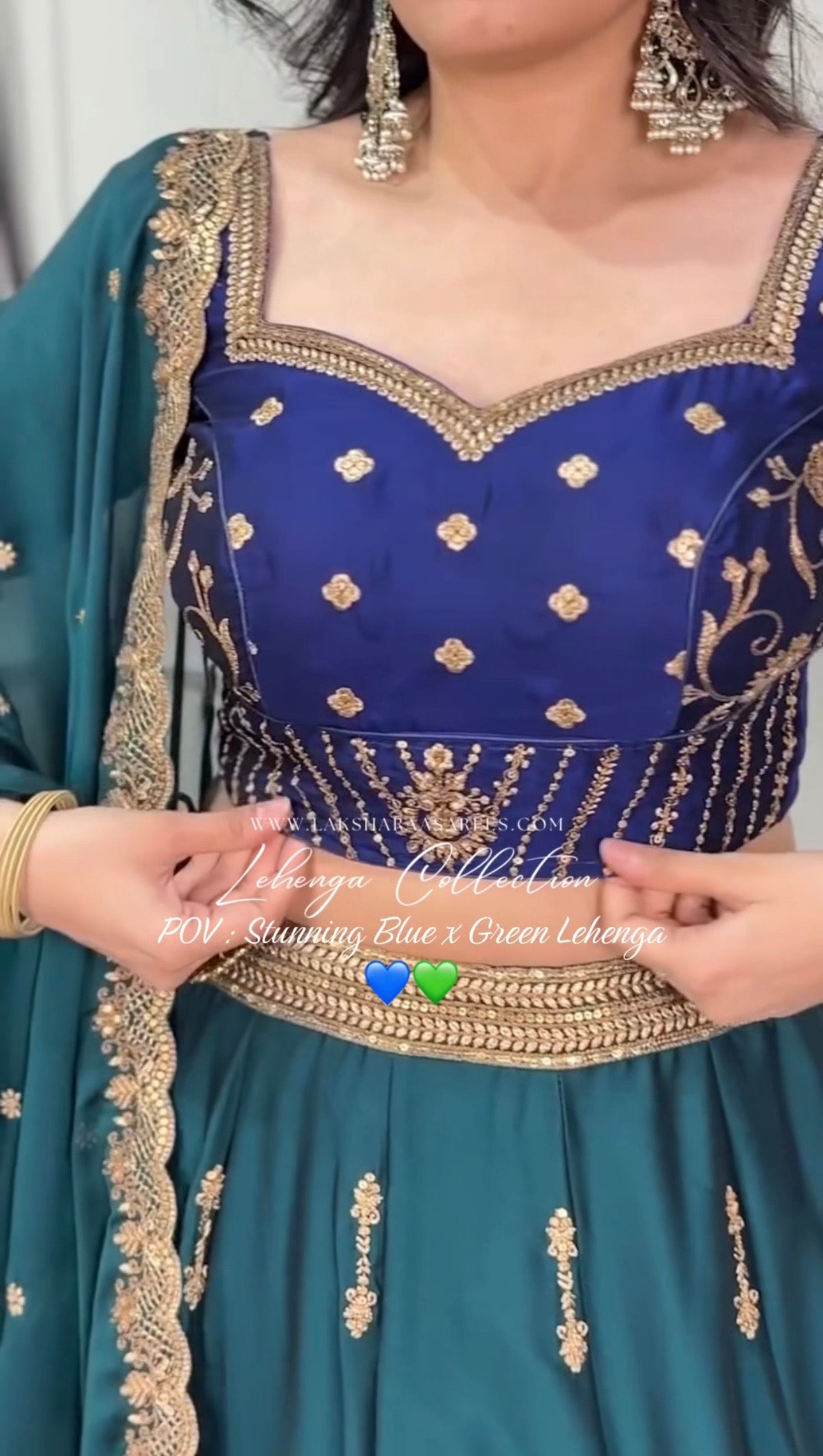 Linday green and blue Rangoli silk lehenga with intricate embroidery, traditional Indian attire from Laksharaa Sarees.