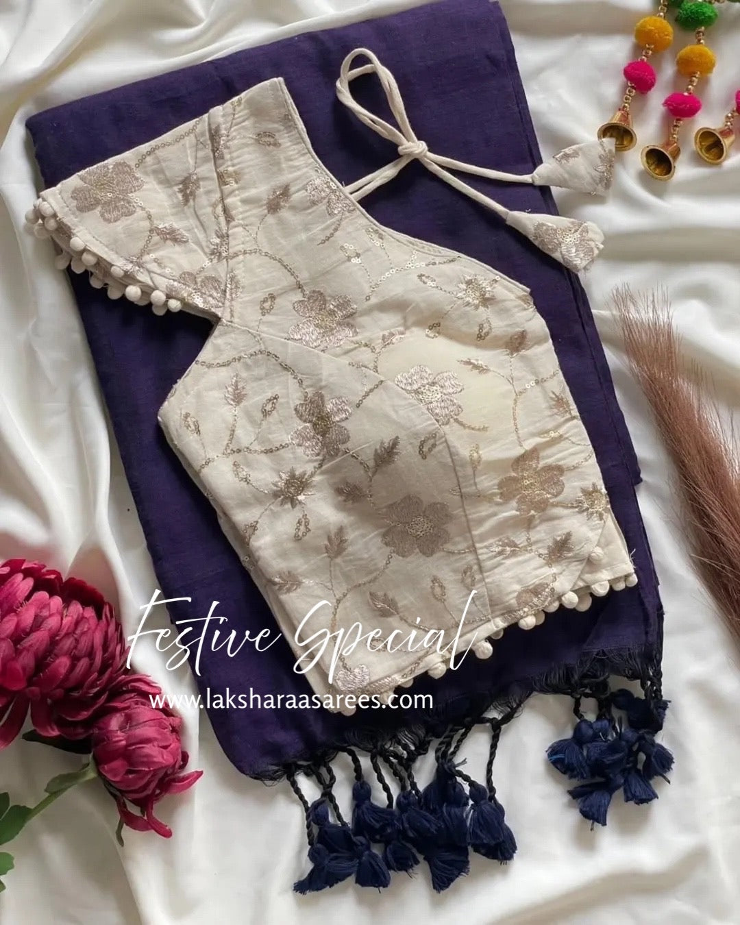 PAVII — Cute Khadhi Cotton Tassel Saree x Readymade Blouse