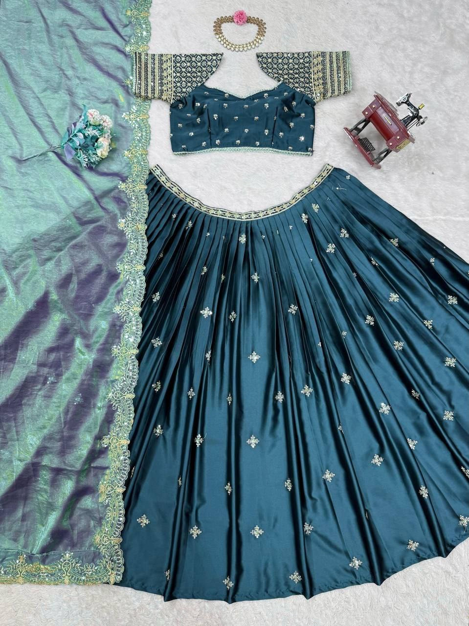 HAMARA — Green Satin Lehenga