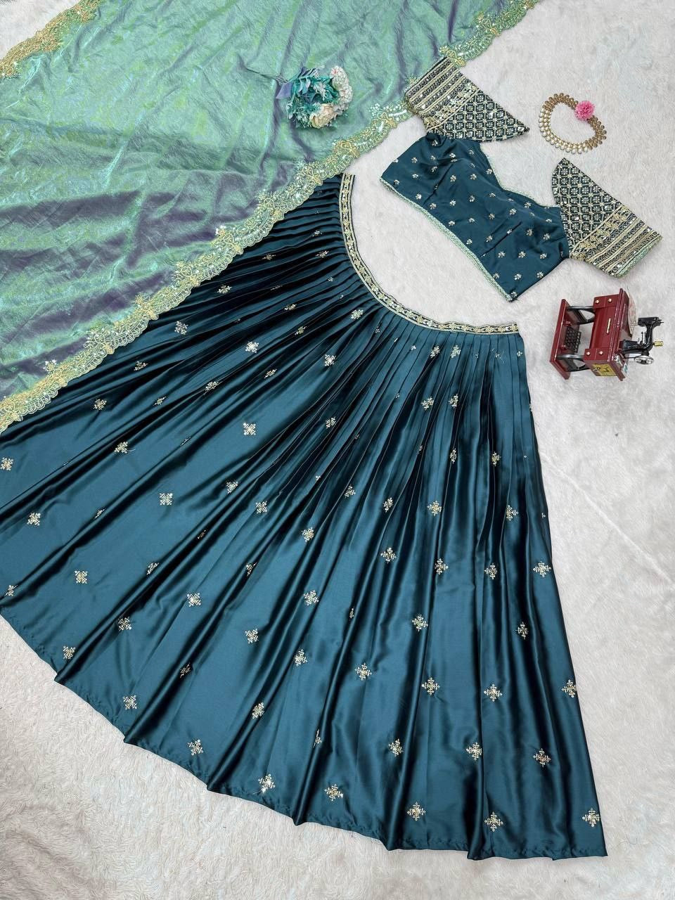 HAMARA — Green Satin Lehenga