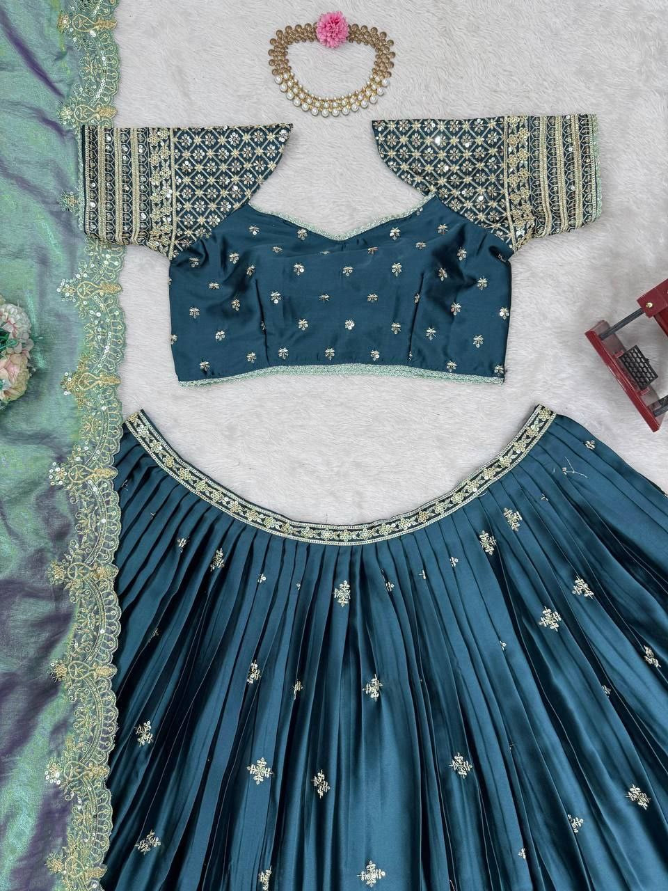 HAMARA — Green Satin Lehenga