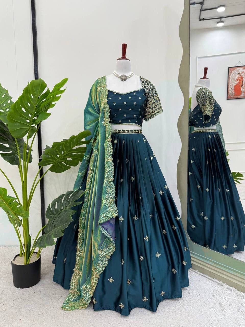 HAMARA — Green Satin Lehenga