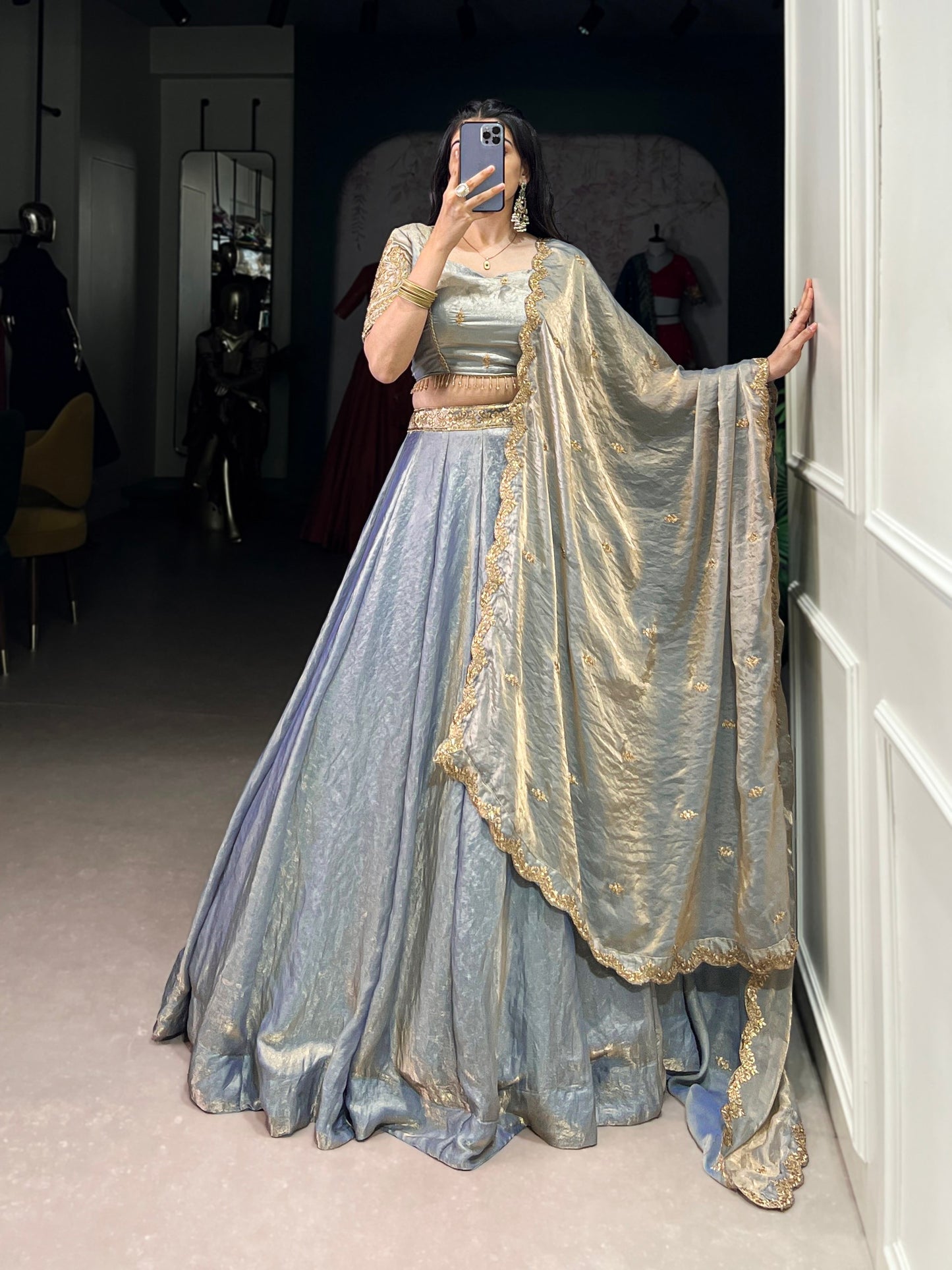 YASEMINE — Pastel Metallic Shimmer Lehenga