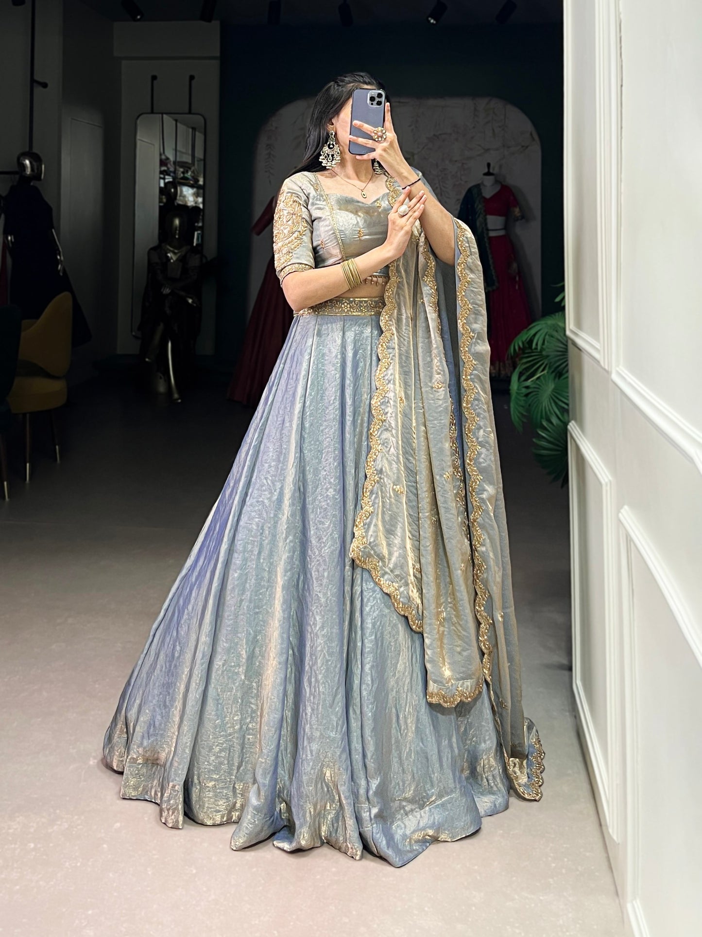 YASEMINE — Pastel Metallic Shimmer Lehenga