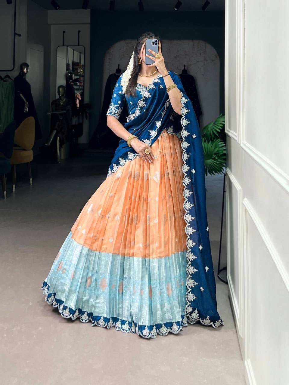 AMRITHA — Zari Kota Pastel Half Saree Lehenga
