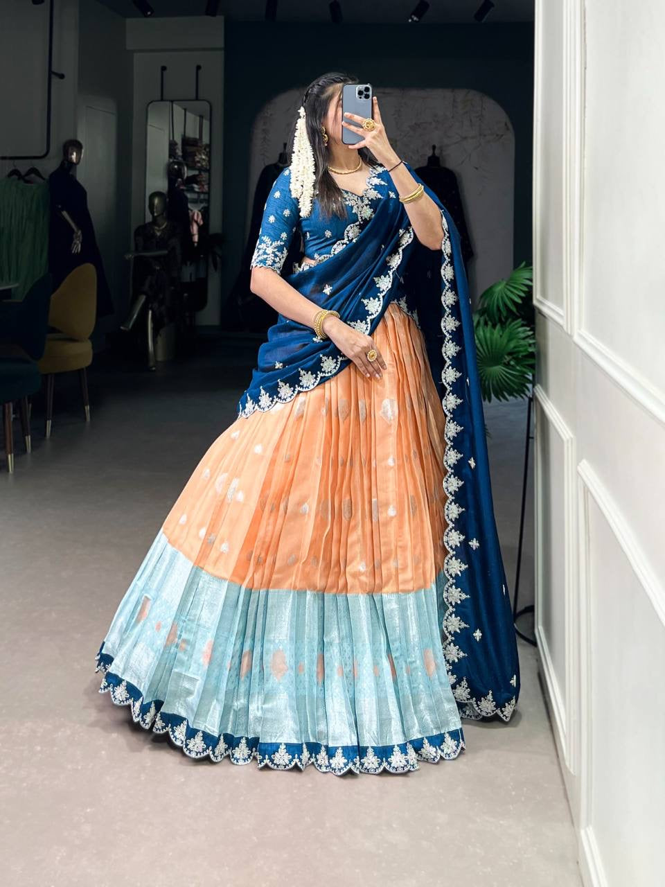 AMRITHA — Zari Kota Pastel Half Saree Lehenga