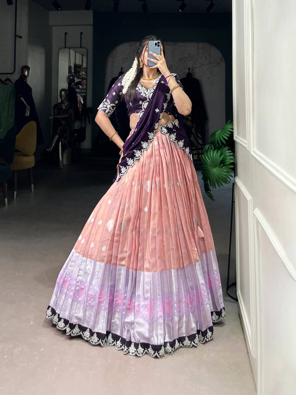 AMRITHA — Zari Kota Pastel Half Saree Lehenga