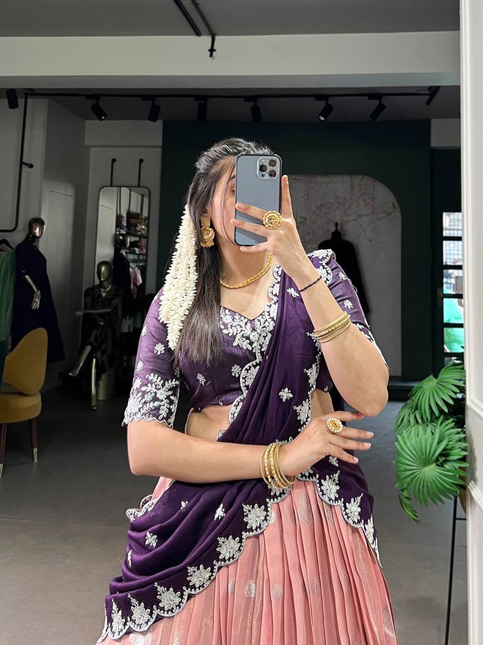 AMRITHA — Zari Kota Pastel Half Saree Lehenga