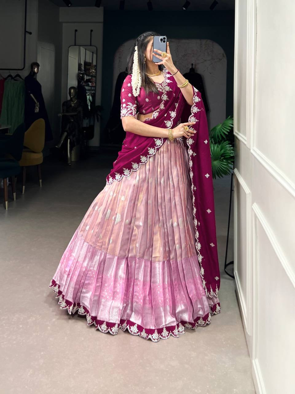 AMRITHA — Zari Kota Pastel Half Saree Lehenga