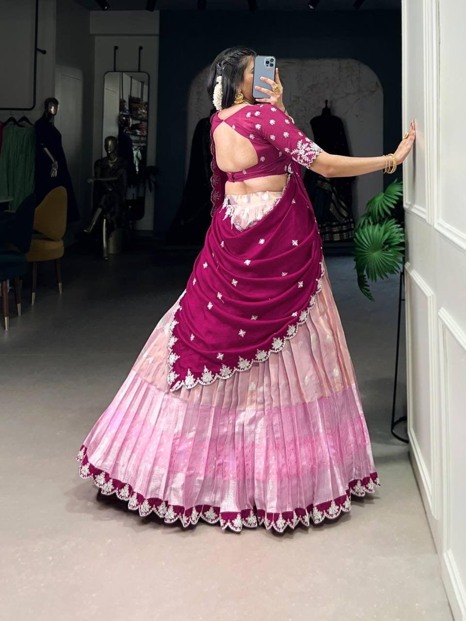 AMRITHA — Zari Kota Pastel Half Saree Lehenga
