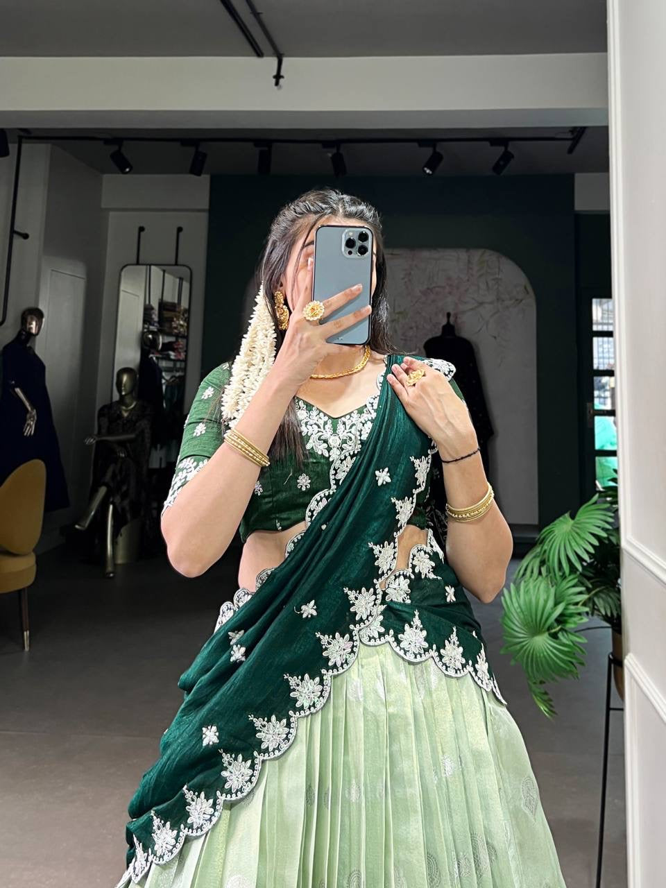 AMRITHA — Zari Kota Pastel Half Saree Lehenga