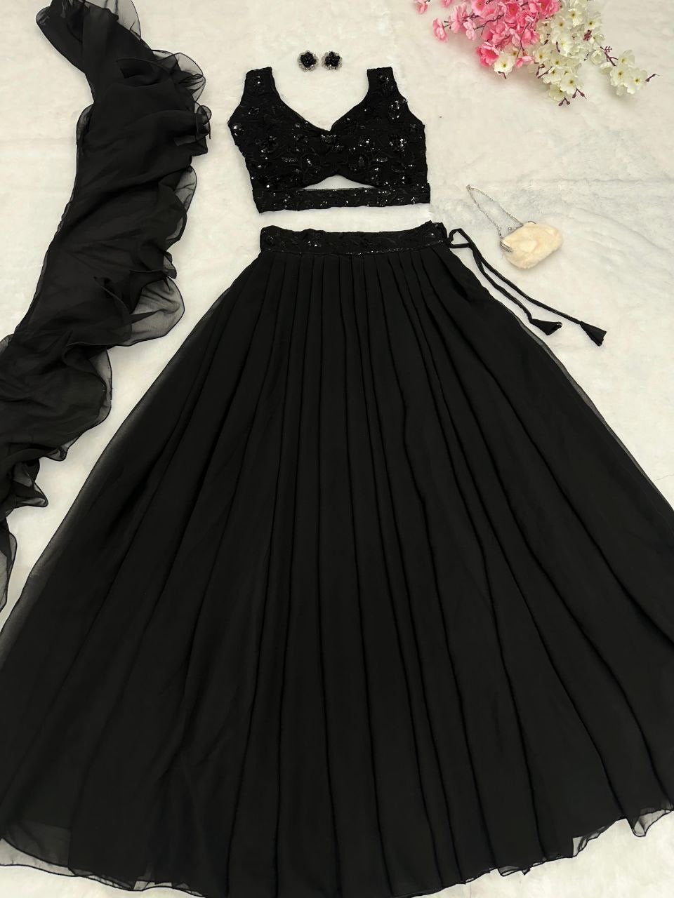 RAVINA - Black Readymade Lehenga