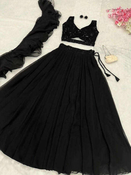 RAVINA - Black Readymade Lehenga