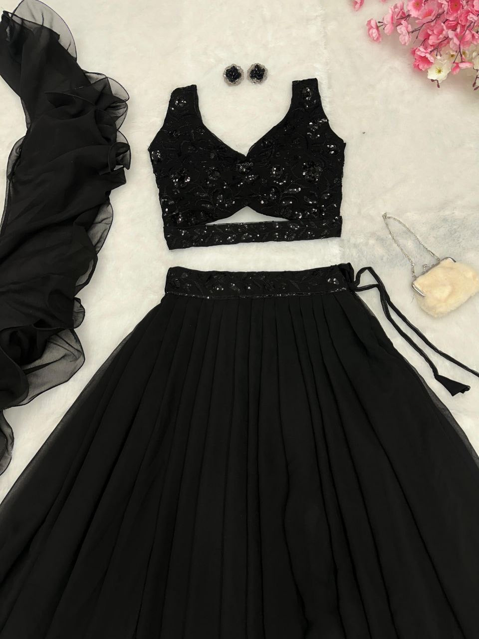 RAVINA - Black Readymade Lehenga