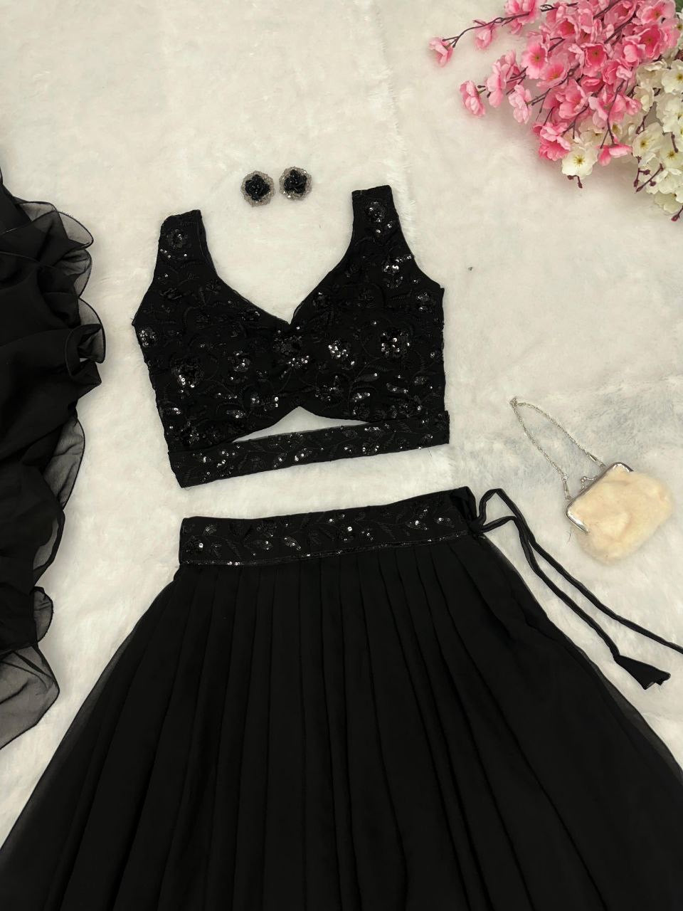 RAVINA - Black Readymade Lehenga