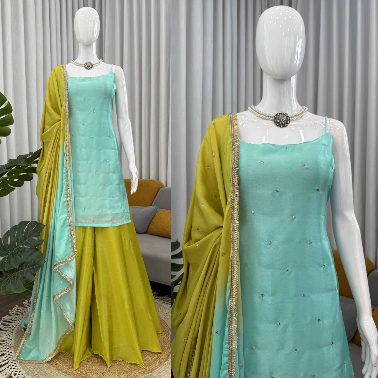 Diwali Special — Green x Turquoise Pallazo Suit