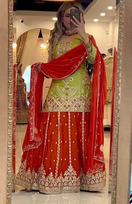 Designer Green x Orange Pallazo Suit