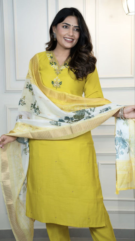 Mustard Yellow Floral Kurti Set