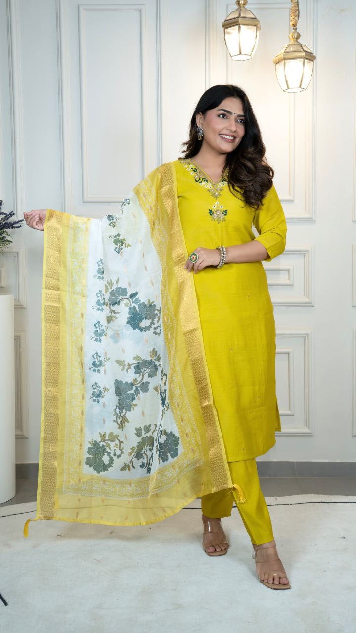 Mustard Yellow Floral Kurti Set