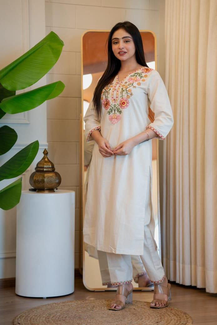 Cream Floral Kurti Set