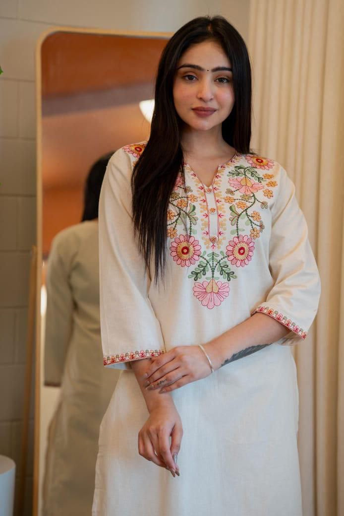 Cream Floral Kurti Set