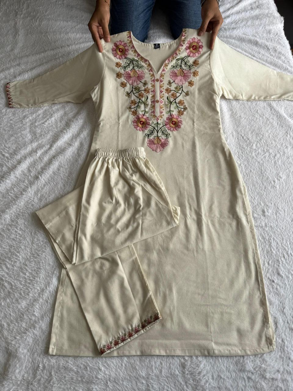 Cream Floral Kurti Set