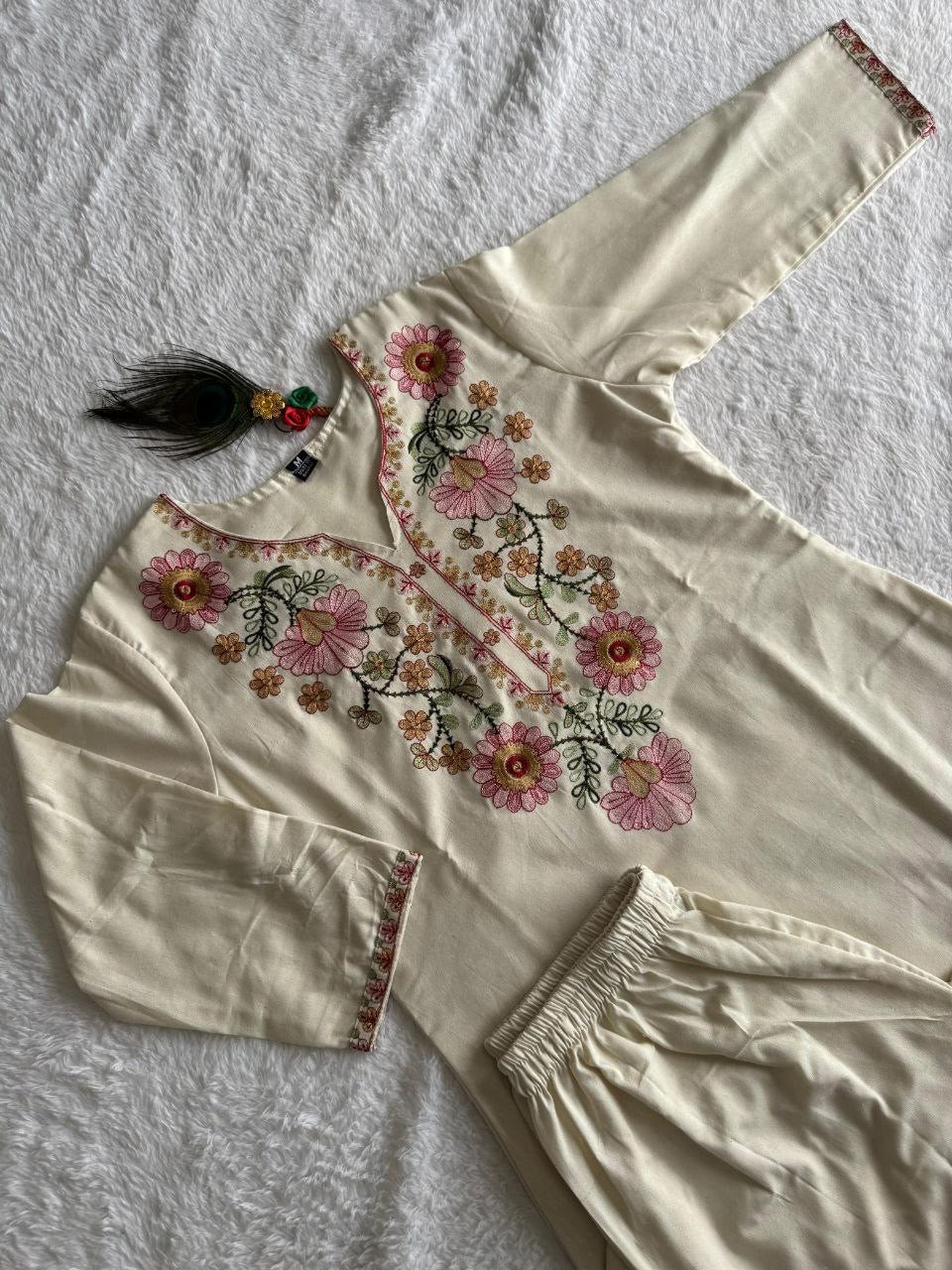 Cream Floral Kurti Set