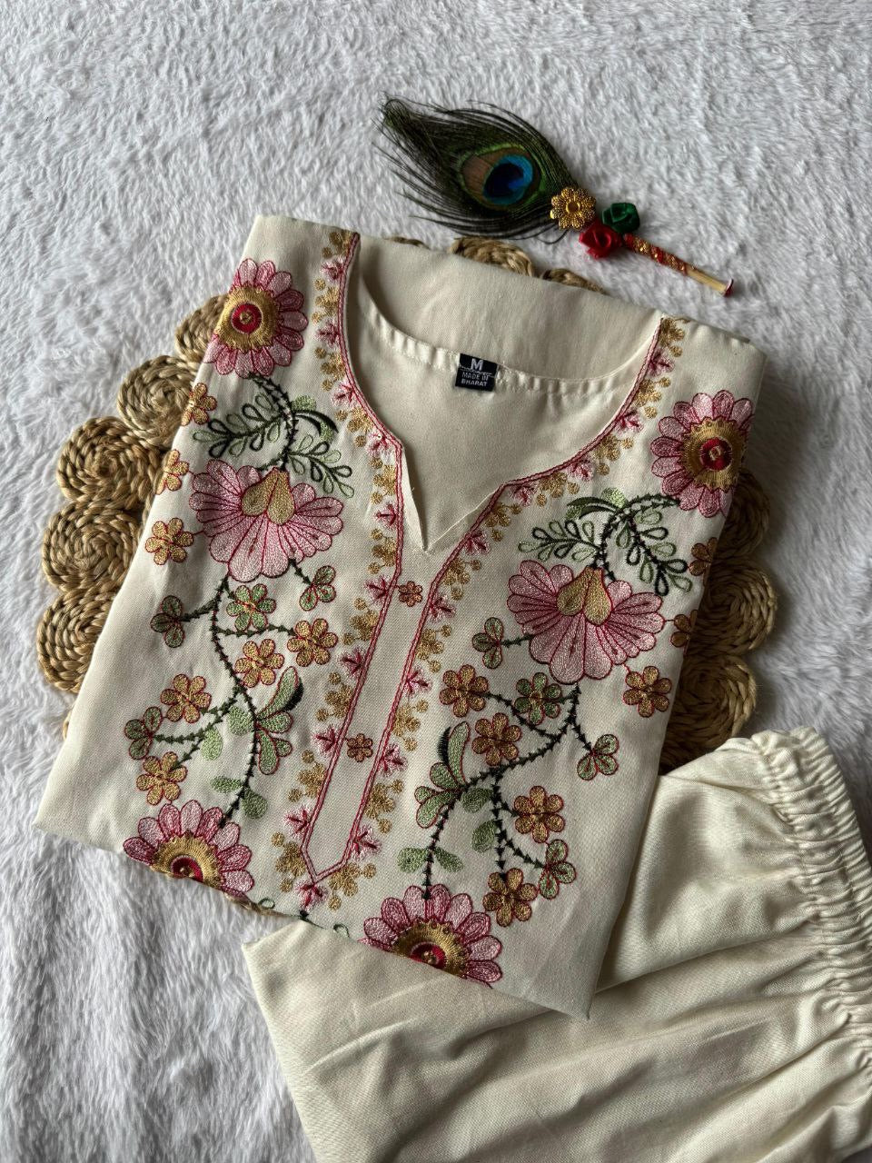 Cream Floral Kurti Set