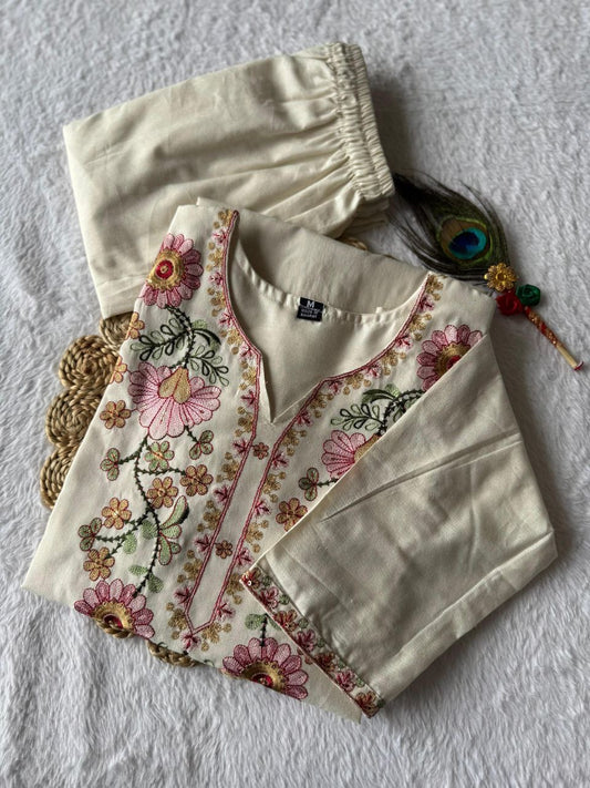 Cream Floral Kurti Set