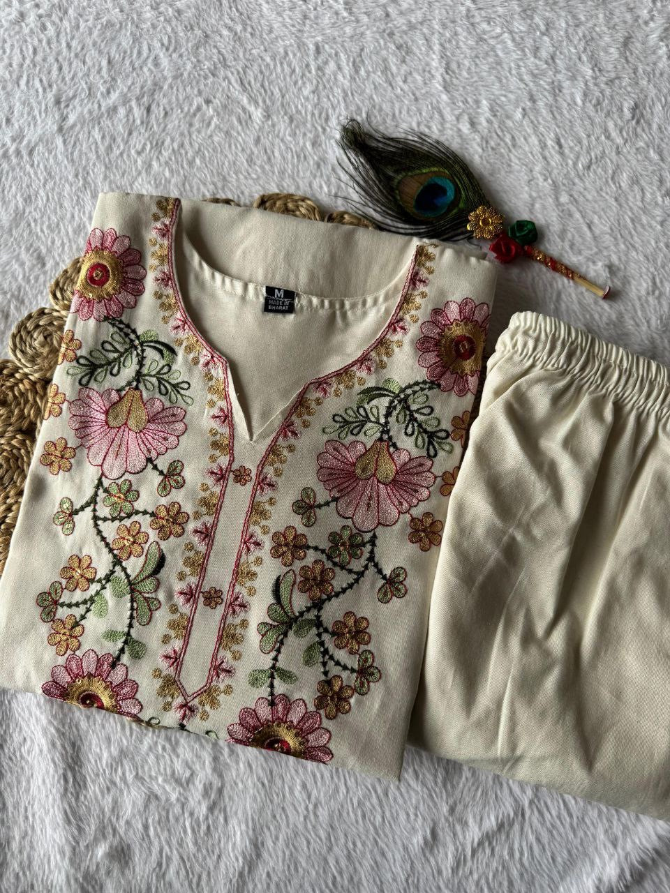 Cream Floral Kurti Set